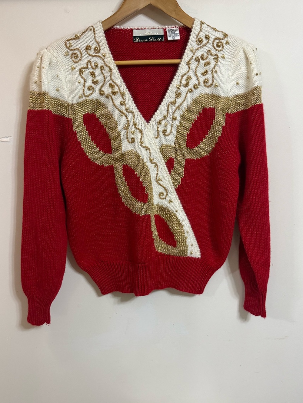 Vintage Dana Scott Red V-Neck Sweater with Cream & Gold Trim